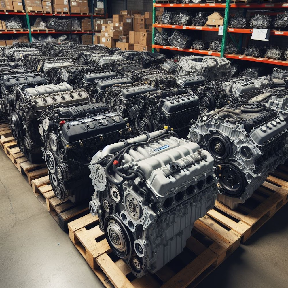 Rows of used engines on pallets in SNV Auto Parts warehouse
